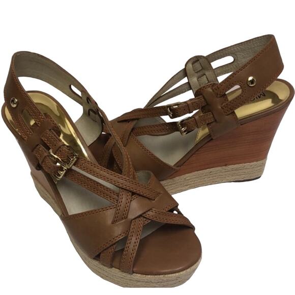 Michael Kors Keli Wedge Leather Espadrille Crossover Heel Sandal Brown Tan 8.5 - Picture 1 of 12